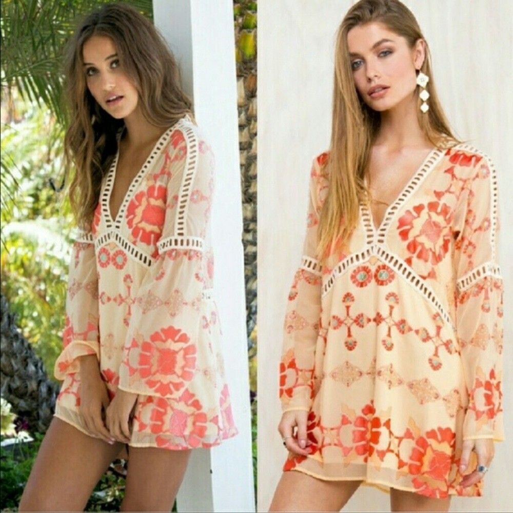 for love & lemons barcelona a-line mini 70s retro cream, coral women's dress XS